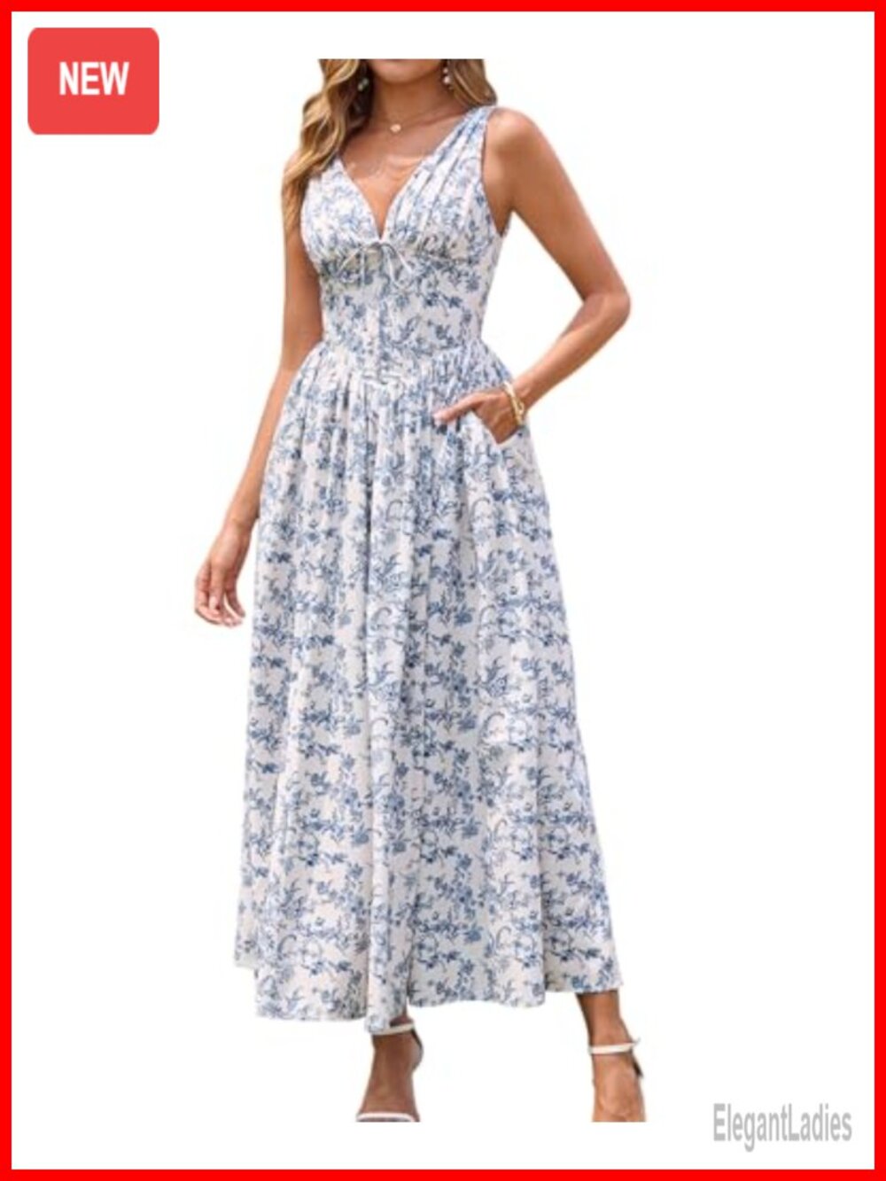 Midi Dress A Line Flowy V Neck Corset Sleeveless Pockets Wedding Guest